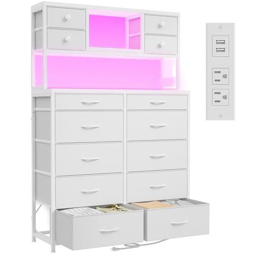 EnHomee 62.8 White Dresser with Charging & LED Lights