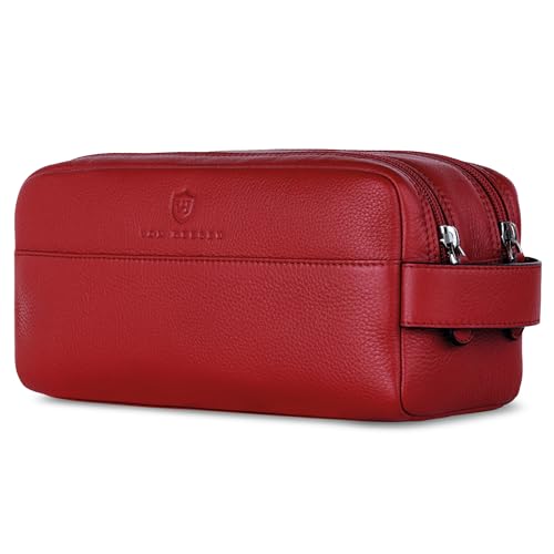 VON HEESEN Kulturbeutel Leder Kulturtasche für Herren & Damen - Echtleder Necessaire ideal zum Reisen - Waschtasche und Kosmetiktasche mit Zwei Hauptfächern rot, groß