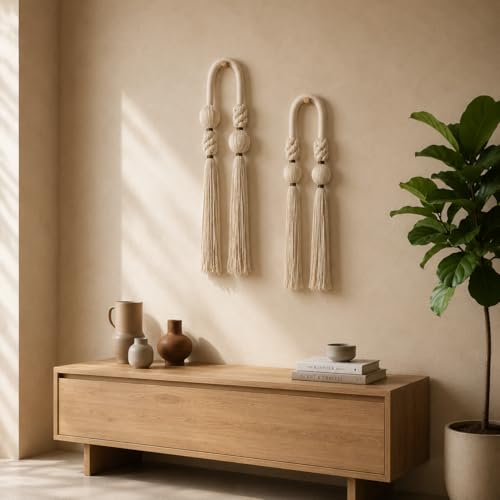 PACHAMIA Handmade Cotton Fiber Wall Decor Set of 2 – Boho Hanging Textile Art with Braided Details and Tassels – Neutral Organic Wall Accent for Living Room Bedroom Entryway