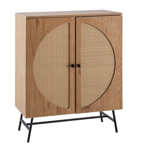 FineBuy Möbel zum Wohlfühlen Kommode in Eiche Dekor 80 cm Sideboard mit 2 Türen aus Wiener Rattan Geflecht Design Highboard Braun
