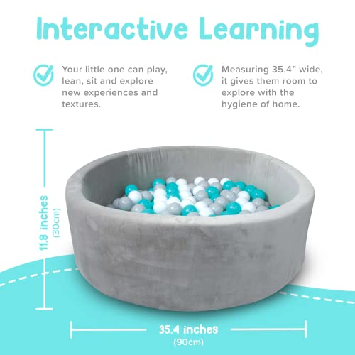 Nuby Velvet Ball Pit, Soft Play Foam Ball Pits For Baby And Toddlers With 200 Colored Balls Included, Ball Pit Playpen, Indoor Play Gym, Outdoor Play Ball Pit For Babies, Bounce Ball Game Aqua & Gray #TOP1