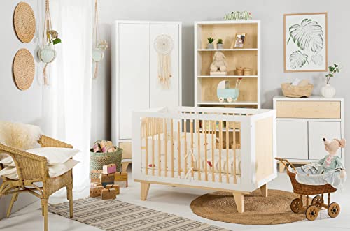 KMbaby Lydia Ensemble de Meuble pour Lit Enfant avec Barrière Commode Armoire Commode Superposition Style Minimaliste Boho Bois de Pin Panneau MDF Lit Blanc 145x85x76 cm Cover