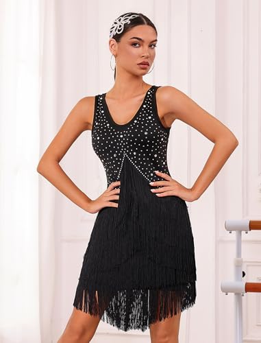 EFOGEP Damen Salsa Latin Dance Kleid Vintage 1920s Ärmellos Strass Lagen Fransenkleider Gatsby Cocktail Ballroom Tangos ChaCha Rumba Flapper Cami Kleid Schwarz M