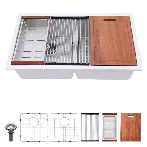 Image of Lordear 33 Granite Composite Kitchen Sink Double Bowl White Granite Kitchen Sink Ledge Workstation 33"x19" White Undermount Double Bowl 50/50 Low Divide Quartz Classic Composite Under Counter Basin