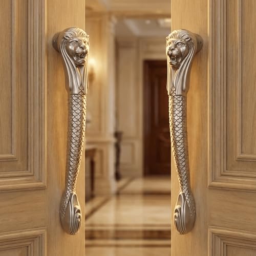 Image of GLOXY Premium Silver 11.5 inch Lion Shaped Main Door Handle with 9.5 inch Hole-to-Hole Spacing - Decorative Push & Pull Aluminium Handle for Wooden & Glass Doors - Ideal for Home, Hotel, Villa & Office