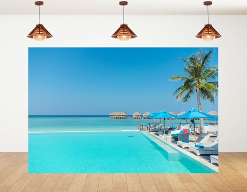 4x4ft Fabric Tropical Maldives Resort Backdrop Infinity Swimming Pool Blue Beach Umbrella Overwater Bungalow Coconut Palm Ocean View Background for Holiday Decorations Photo Booth Props