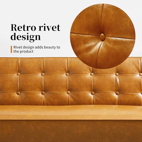 Image of Faux Leather Couch, Mid Century Modern Sofa with Memory Foam, Comfy 3 Seater Couch for Small Spaces, Living Room, Office, Brown