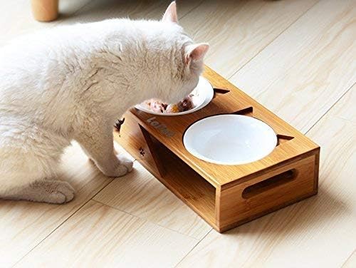 LePet Elevated Dog Cat Bowls, Raised Pet Feeder Solid Bamboo Stand Perfect for Cats and Small Dogs (Plane)