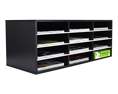 Pag Wood Desktop Literature Organizer Adjustable File Sorter Mail Center Magazine Holder Paper Storage Cabinet Classroom Keepers Mailbox, 12 Slots(4 Layers And 3 Columns), Black&White #TOP1