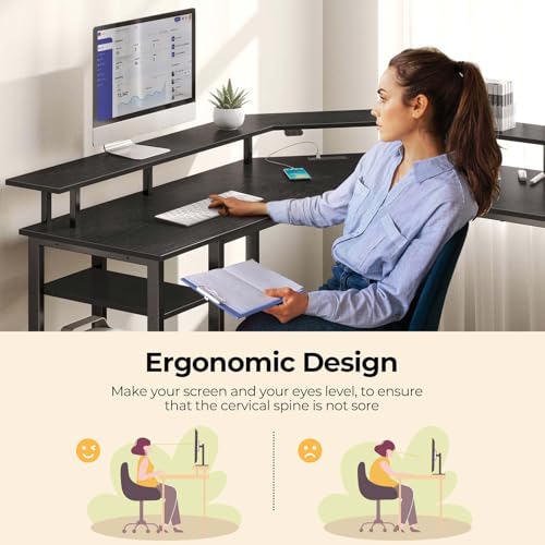 Image of Rolanstar Computer Desk 56 inch with Power Outlets USB Ports & LED Strip,Reversible L Shaped Desk with Monitor Stand & Storage Shelf,L Shaped Gaming Desk with Hooks,Home Office Desk, Black