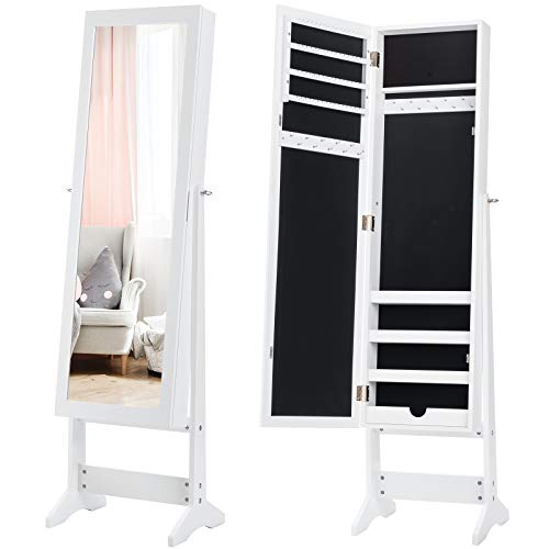 COSTWAY Armoire à bijoux sur Pied avec Miroir Psyché Coffre à Bijoux, Armoire de Rangement Cosmétiques,3 Positions Réglables, Installation Facile, Style Nordique, Blanc Cover