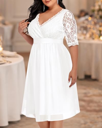 Image of Pinup Fashion Plus Size Lace Chiffon Wrap V Neck Dresses Women Cocktail Wedding Guest Midi Dress