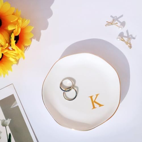 Image of Ceramic Jewelry Tray Initial Ring Dish Personalized K-Monogrammed Engagement Wedding Gifts, for Birthday Mother's Day Christmas for Women, Ceramic White 4.75 inch (K)