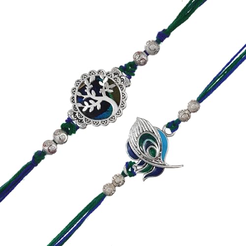 Image of eCraftIndia Unisex Adult Set Of 2 Peacock Feather And Floral Designer Rakhis For Brothers With Roli Chawal