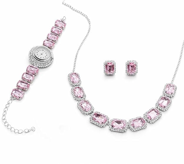 Pink Crystal Jewelry Set, Necklace Earrings Bracelet Watch, Rhinestone Halo, Silver Tone, 3 Piece Set
