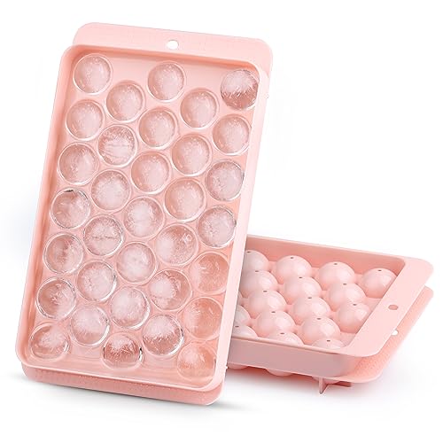 Round Ice Cube Trays with Lid, Mini Ice Ball Maker Mold for Freezer, 2 Packs Easy Release Circle Ice Cube Tray for Cocktail Whiskey Tea & Coffee (Total 66PCS Small Sphere) (2 Pink)
