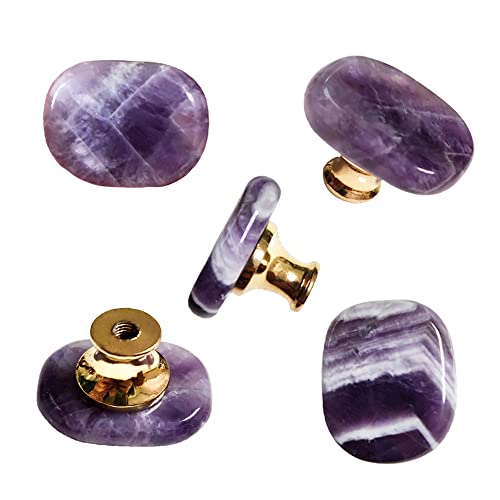 uulu 5Pcs Natural Amethyst Knobs Crystal Stone Knob Cabinet Stone Pulls Cupboard Knobs Purple Handles for Dresser Cupboard Furniture Door DIY with Screws (Amethyst) -  US0514-001