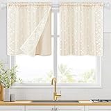 ASPMIZ Linen Kitchen Curtains 24 Inch Length, Double Layered Window Curtain 2 Panel Sets Rod Pocket Short Curtains for Kitchen, Farmhouse Window Treatment Tiers for Bathroom, Cafe, Beige