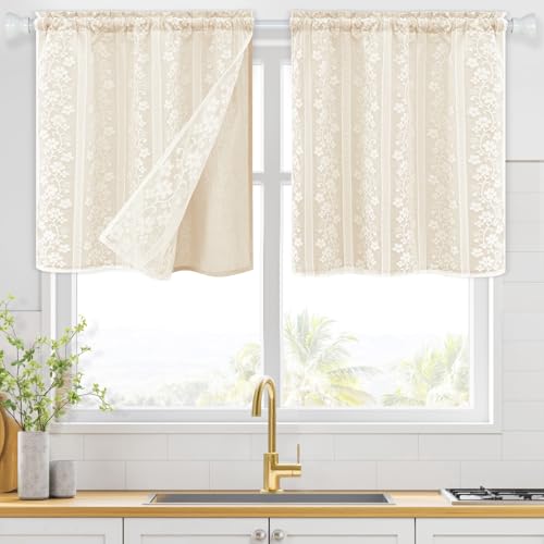 ASPMIZ Linen Kitchen Curtains 24 Inch Length, Double Layered Window Curtain 2 Panel Sets Rod Pocket Short Curtains for Kitchen, Farmhouse Window Treatment Tiers for Bathroom, Cafe, Beige