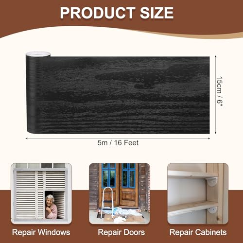 Image of MECCANIXITY Wood Grain Repair Tape, 6 Inch x 16 Feet Self Adhesive Wood Grain Tape Multi-Purpose Wallpaper Border Trim for Furniture Floors Windows Doors Tables Home, Black