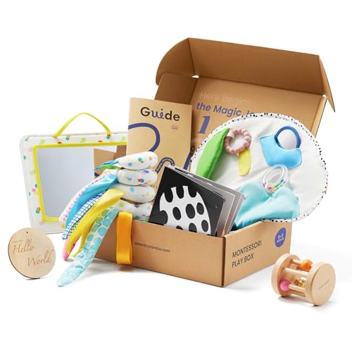 Image of Tiny Land Montessori Baby Toy Set 0-3 Months Newborn Development Sensory Play Kit - 5-in-1 Mirror, Black & White Card Set, Rolling Bell, Play Mat, and Bed Wrap