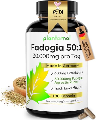 Fadogia Agrestis Extrakt 50:1-30.000mg - 180 Kapseln mit Vitamin C Koffein Zink & Piperin - 3 Monatsvorrat - plantomol
