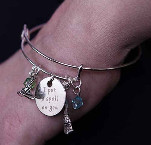 Art Attack Silvertone I Put A Spell On You It's Just A Bunch Of Hocus Pocus Witches Broomstick Hat Halloween Black Beaded Pendant Expandable Bracelet #TOP2