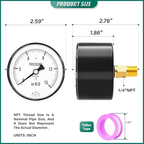 Image of 0-15 in H2O Diaphragm Type Capsule Low Pressure Gauge 2-1 /3 inch Dial Size, 1 /4 inch NPT Back Mount, Adjustable Water Column Gauge, for Pressure Testing with Air, Gas, Water, and Other Liquids