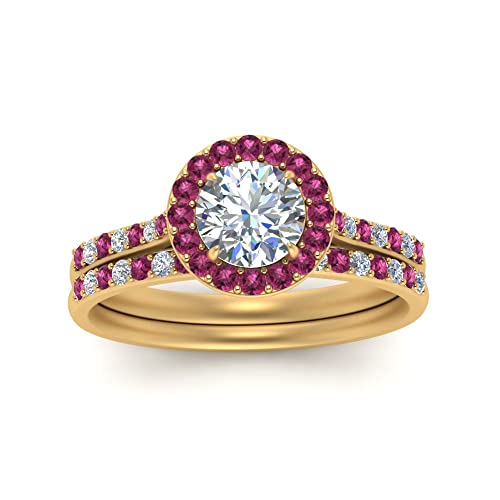 Image of Choose Your Gemstone Round Halo Ring with Matching Pave Band Yellow Gold Plated Round Shape Wedding Ring Sets Everyday Jewelry Wedding Jewelry Handmade Gifts for Wife US Size 4 to 12