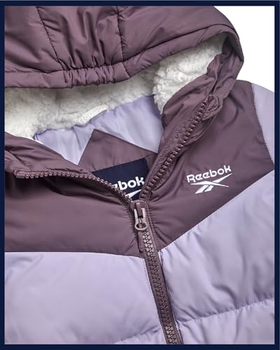 Image of Reebok Girls Heavyweight Poly Taffeta Puffer Jacket with Sherpa Hood | Insulated Quilting Locks in Warmth, Zip-Up Closure, Secure Pockets for Gloves, Cozy Protection for Cold-Weather Play