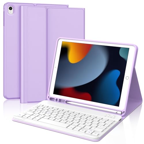 Teclado para iPad 9 Gen y 10.2 pulgadas QWERTY Español Ñ con funda morada IVEOPPE