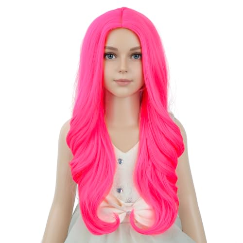 Image of PATTNIUM Neon Pink Wig for Girls Kids Long Curly Wigs Hot Pink Middle Part Heat Resistant Synthetic Wigs Halloween Cosplay Costume Party Wig