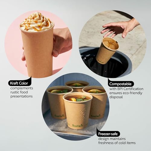 Image of Restaurantware-Sustain 12 Ounce BPI-Certified Hot Cups, 1000 Single Wall Coffee Cups - Lids Sold Separately, Leakproof PLA Coating, Compostable Kraft Paper Cups, For Hot Or Cold Drinks