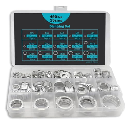 490PCS Automotive Oil Drain Plug Gaskets, Aluminum Flat Washers Assorted Gasket Metal Sealing Crush Washer Kit, M5 - M24 For Screws