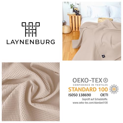 LAYNENBURG Premium Tagesdecke 180 x 220 cm - Waffelpique 100% Baumwolle - leichte Wohndecke Waffeloptik - Baumwolldecke als Bett-Überwurf, Sofa-Überwurf, Couch-Überwurf - Sofa-Decke (beige)
