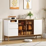 DEECOZY Buffets,150x40x80cm Küchen Schrank, Geschirrschrank Weiß,Mutfak Dolabı Moderne Schließfächer Mit Glas- Und Holzfächern, Marmorarbeitsplatten Und Goldene Akzente,Küchenschrank Für Küche