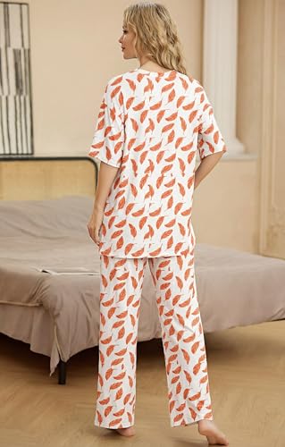 Image of PrinStory Womens Pajamas Sets 2 Piece Lounge Set Short Sleeve Tops and Long Pants Soft Pjs Loungewear with Pockets