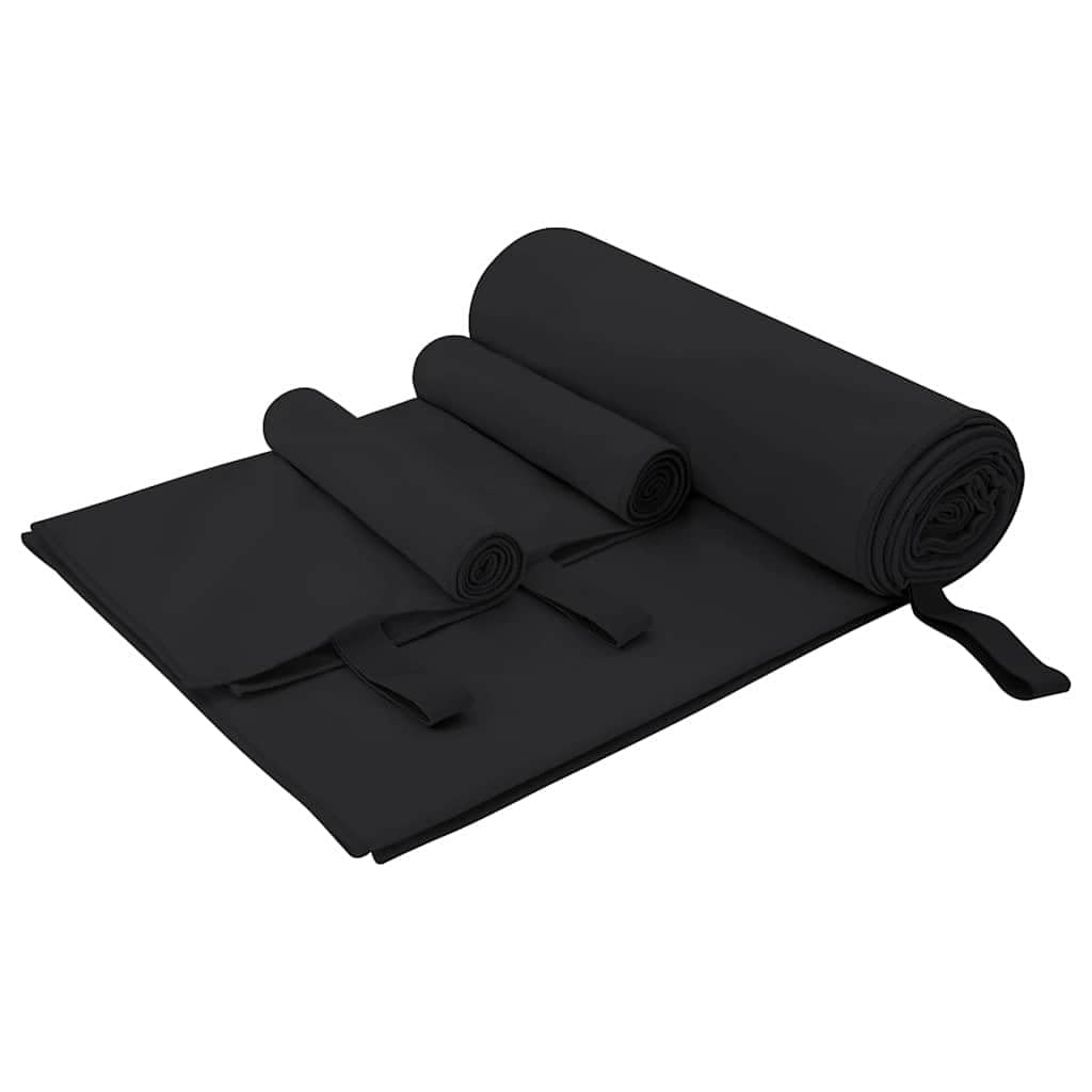 Juego de 3 toallas de deporte de color negro de poliéster y poliamida con superficie suave al tacto, de secado rápido, absorbente para gimnasio, camping, playa y bienestar