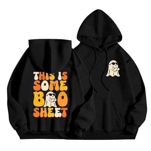 Moletom feminino com capuz de Halloween grande gráfico leve com cordão, pulôveres, roupas, Preto, G