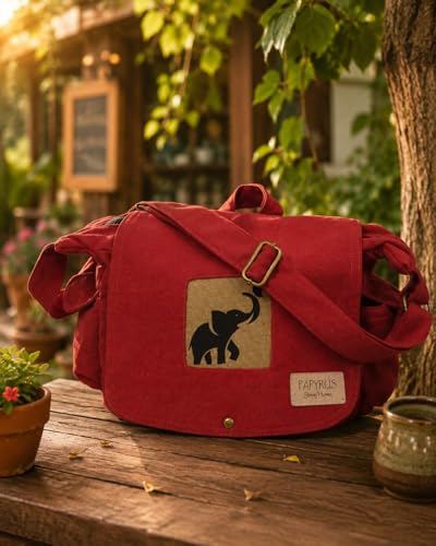 Image of Rough Canvas Cotton Messenger Sling Bag, (32x23x10cm, 7.5L) Medium Size. Patching with Elephant Design