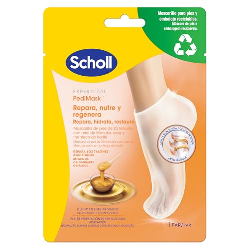 Dr.Scholl's PediMask Mascarilla Hidratante para Pies, Nutre, Repara y Suaviza Talones Secos y Agrietados, con Miel de Manuka, Urea y Manteca de Karité, 1 Par