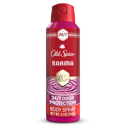 Old Spice Aluminum Free Body Spray for Men, 24/7 Signature Scent &amp; Lasting Freshness, All-Day Odor Protection, Easy Application, Karma with Cherry Spice, Black Pepper, + Sandalwood Scent, 5.1 oz