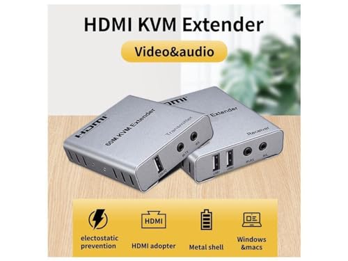 Image of COOLCOLD HDMI KVM Extender 60M Over Cat5e /Cat6 with USB, 1080P HDMI Extender with R /L Audio Support, USB KVM Over Ethernet, Transmitter Receiver for PC Laptop to TV Monitor Keyboard Mouse(Grey)