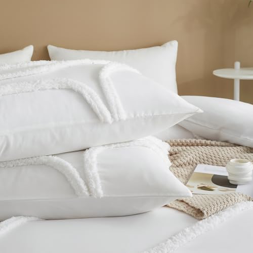 Image of Cupocupa Queen Comforter Set Beige Tufted Comforters Sets Bedding for Queen Bed 3PCS Boho Comforter Soft Fluffy Lightweight Comforter with 2 Pillow Cases for All Season