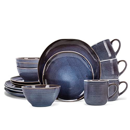 Elanze Designs Reactive Glaze Ceramic Stoneware Dinnerware 16 Piece Set - Service For 4, Purple Ombre Blue #TOP6