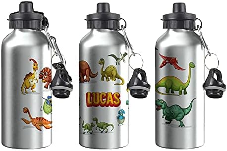Print Maniacs Personalised Water Bottle School Sport Cap Drink White Silver 600ml or 400ml Aluminium Kid Boys Girls Biking Gift Dinasour (Silver, 400ml)