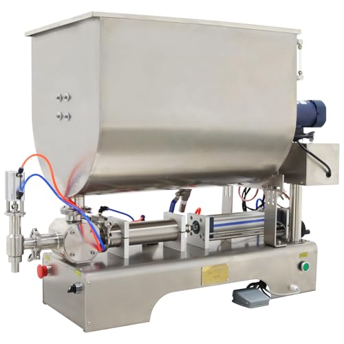 HQHAOTWU Paste Liquid Filling Machine Horizontal Pneumatic Stainless Steel Filler with 80L Hopper 50-500ml Single Nozzle with Mixing& Heating Function 110V