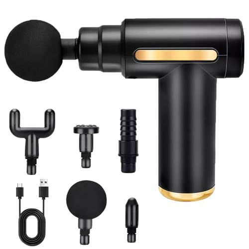 ikaufen Portable Mini Massage Gun, Deep Tissue Percussion Muscle Massager with 6 Speeds, 4 Massage Heads, Type-C Rechargeable, for Muscle Relaxation, Pain Relief, Gym, Office, Home