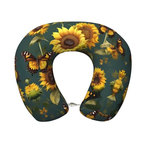 JIUTY Sunflower Floral Butterflies Travel Pillow Gift, Best Memory Foam Neck Pillow Head Support Soft Pillow For Sleeping Rest