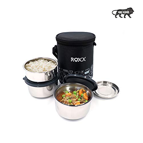 Image of ROXX Happy Meal Tiffin, Stainless Steel Lunch Box for Office /College, Double Walled Puf Insulation with Fabric Insulated Bag, Black (3 Containers)